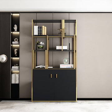 78" 5-Tier Black Bookshelf with Doors Storage Cabinet Gold Frame